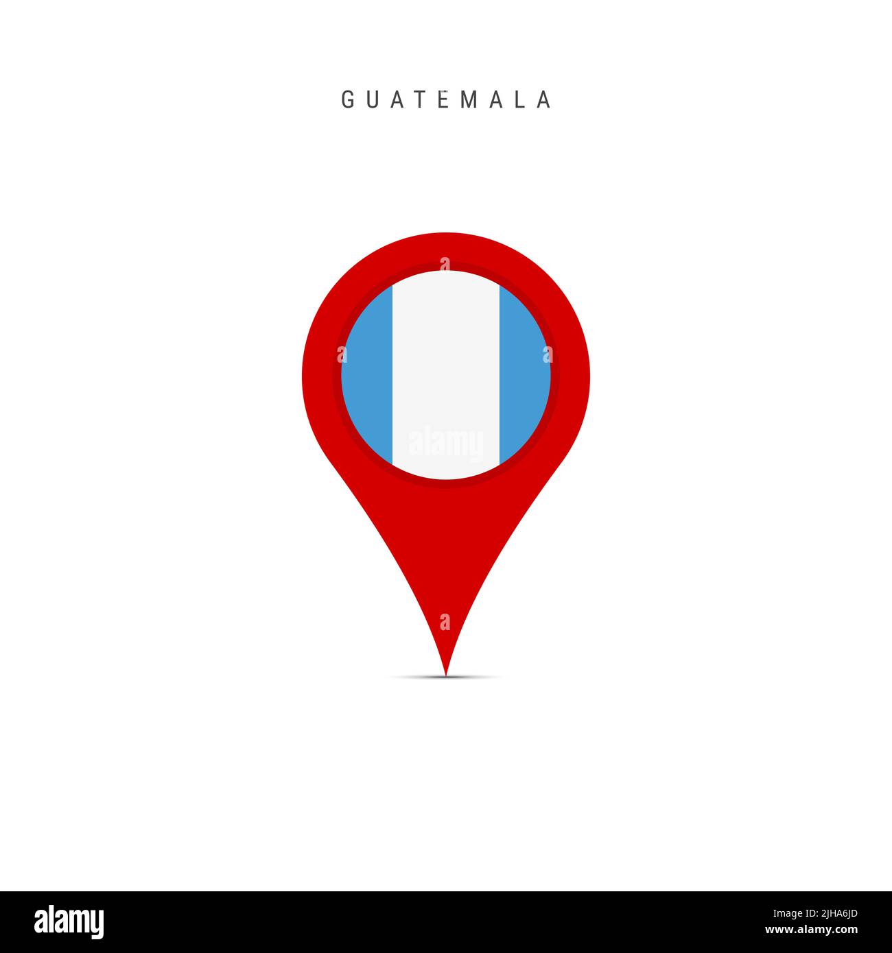 Teardrop-Kartenmarkierung mit Flagge Guatemalas. Guatemaltekische Flagge in die Ortskennzeichnung eingefügt. Flache Abbildung isoliert auf weißem Hintergrund. Stockfoto