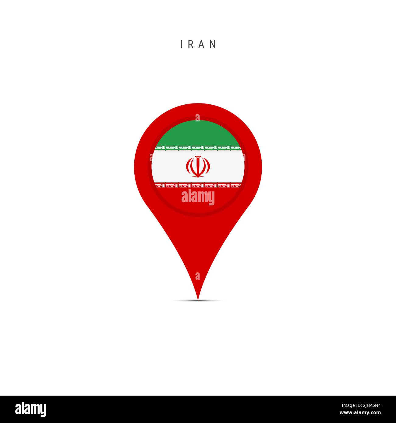 Teardrop-Kartenmarkierung mit Flagge des Iran. Iranische Flagge in die Ortskennzeichnung eingefügt. Flache Abbildung isoliert auf weißem Hintergrund. Stockfoto