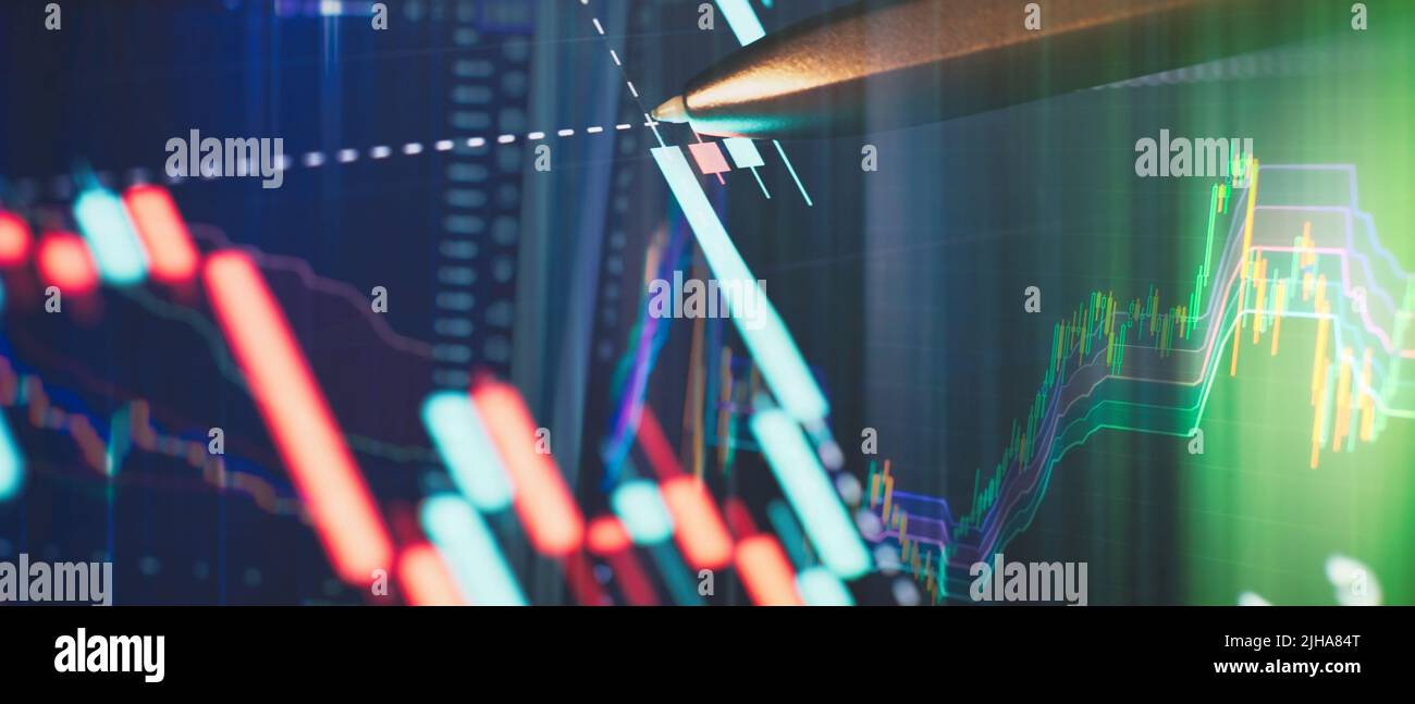 Konzept der Börse und Fintech. Verschwommene digitale Karten auf dunkelblauem Hintergrund. Stockfoto