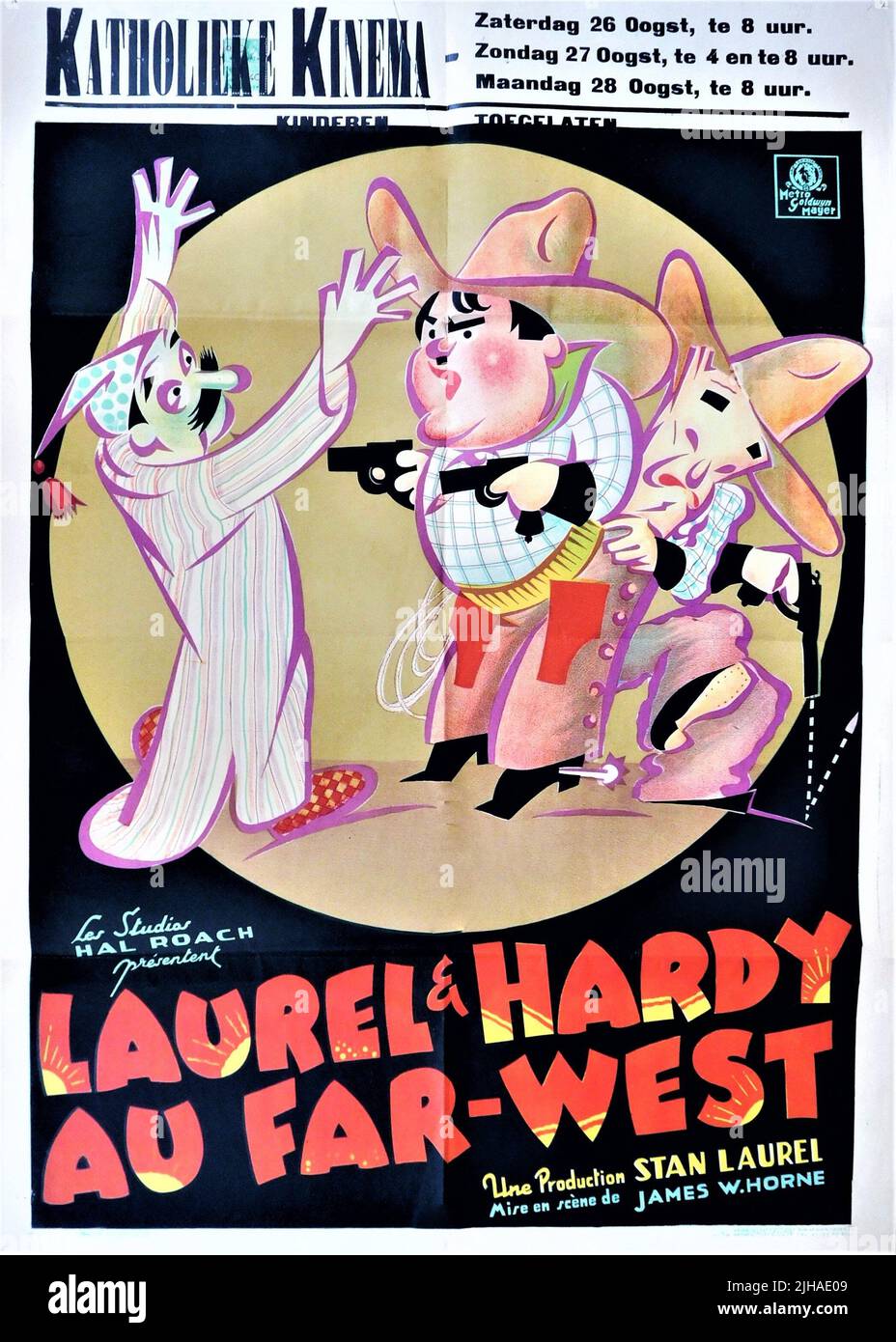 Originalveröffentlichung Belgisches Poster für STAN LAUREL und OLIVER HARDY mit JAMES FINLAYSON in WAY OUT WEST / LAUREL & HARDY AU FAR-WEST 1937 Regisseur JAMES W. HORNE produziert Stan Laurel und Hal Roach Stan Laurel Productions / Hal Roach Studios / Metro Goldwyn Mayer Stockfoto