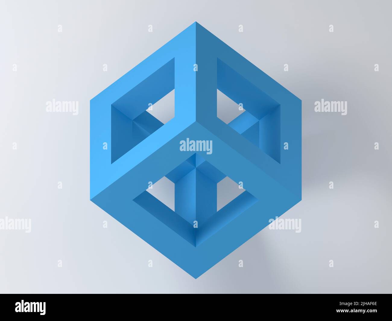 Blauer Würfelrahmen auf weißem Wandhintergrund, isometrische Ansicht, 3D Rendering-Abbildungsleistung Stockfoto