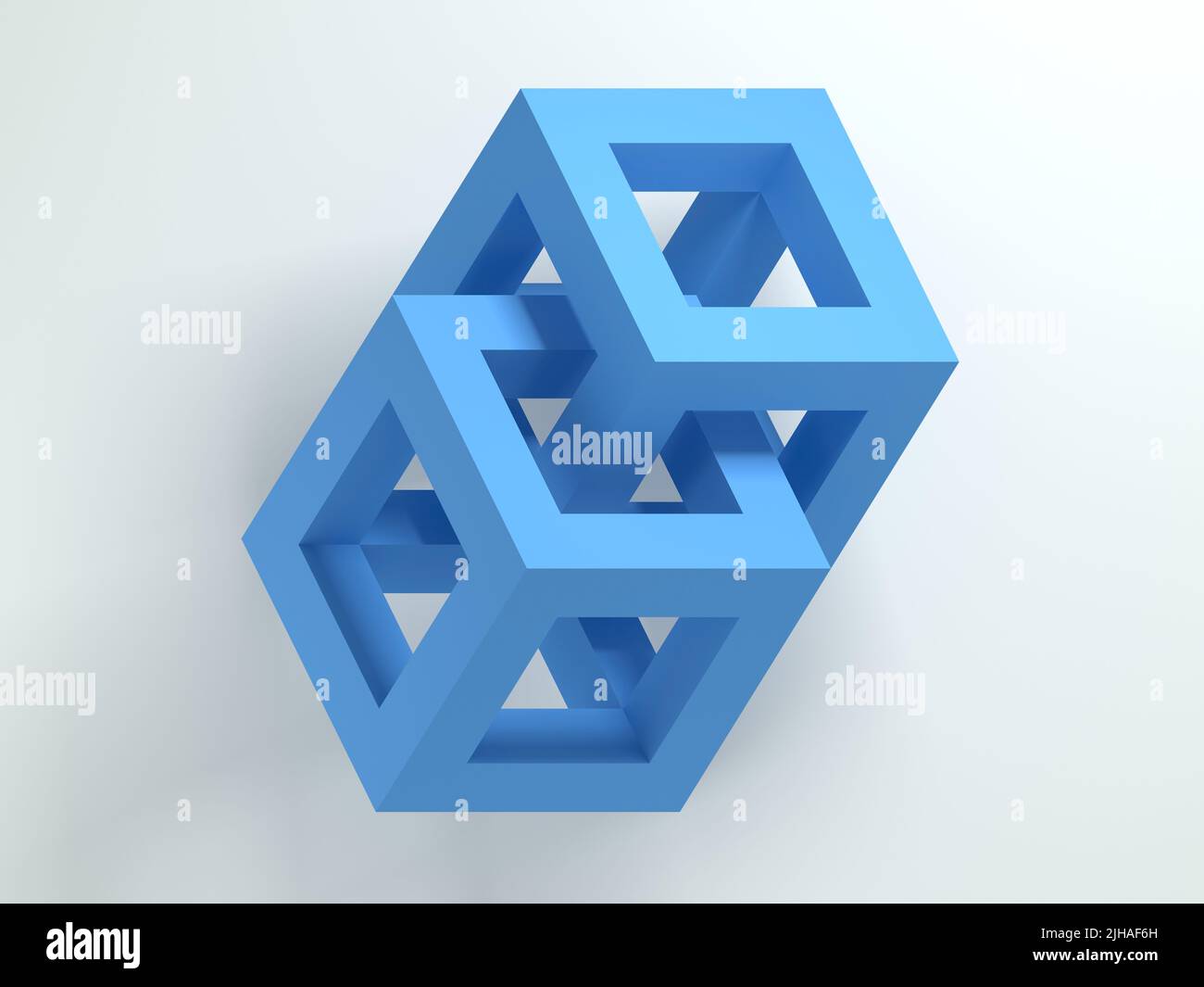 Abstraktes polygonales Objekt. Zwei überschneidete blaue Würfelrahmen auf weißem Wandhintergrund, isometrische Ansicht, 3D Rendering Illustration Stockfoto
