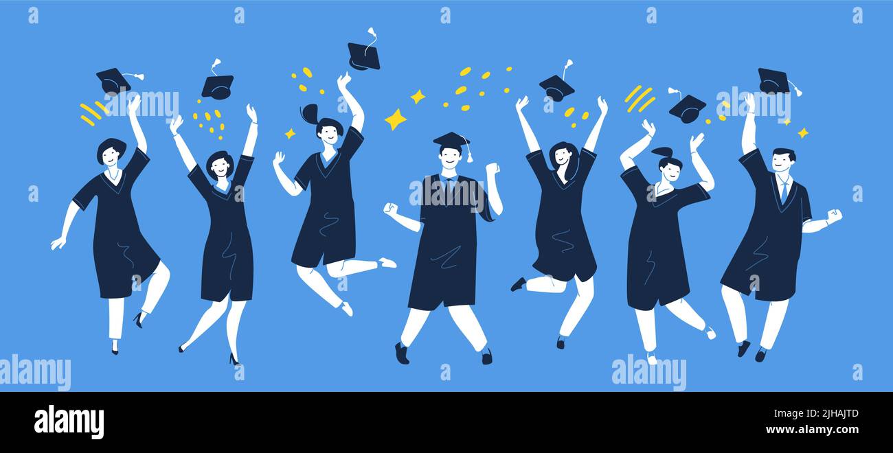Abschlussfeier! Gruppe von multirassischen Absolventen oder Studenten, die Abschlusshüte in die Luft werfen, um zu feiern. Vektor Stock Vektor