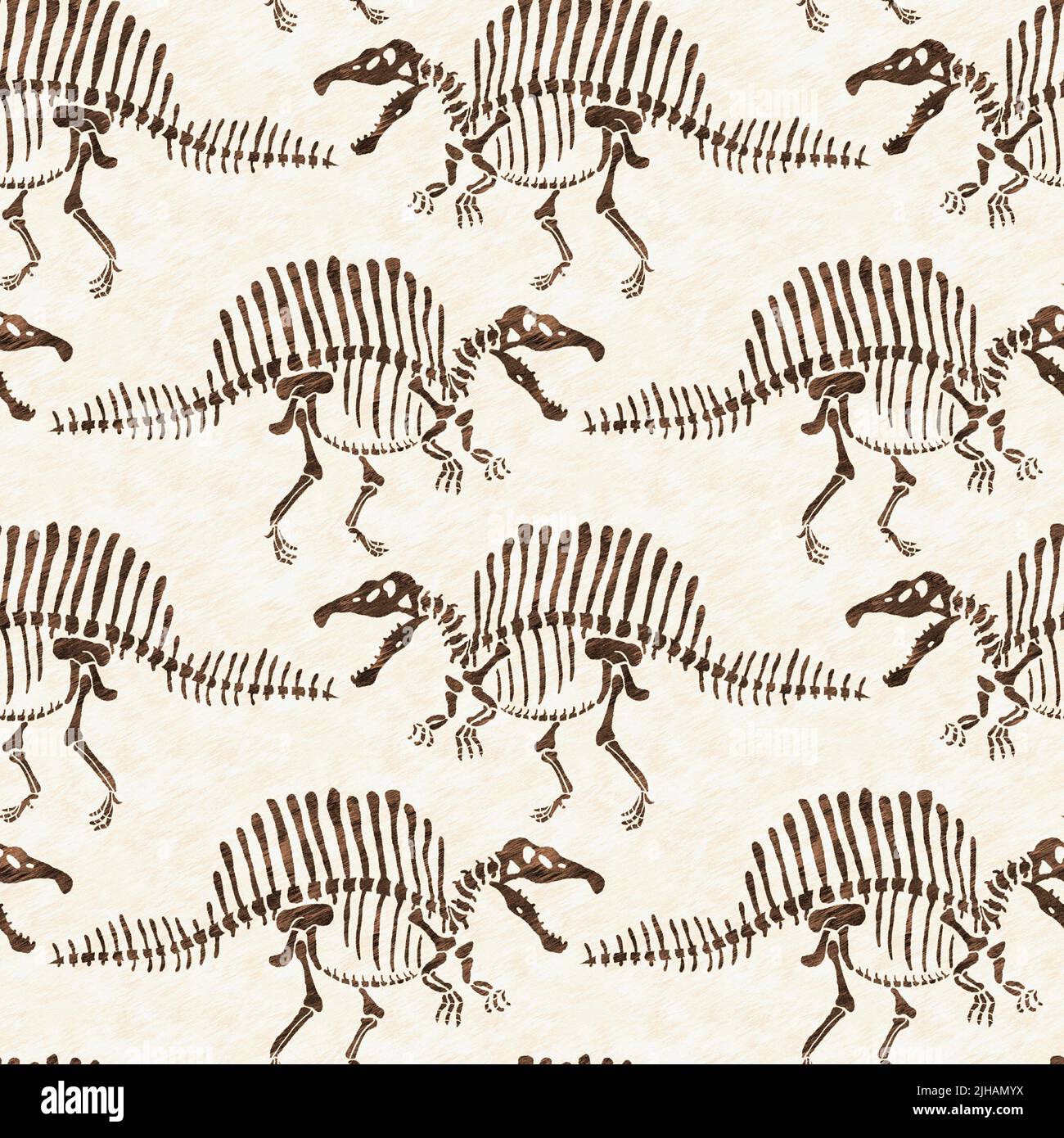 Braun handgezeichnete Spinosaurus fossile Knochen Dinosaurier nahtloses Muster. Geschlechtsspezifische neutrale jurassische Silhouette für die Babykrippe. Home Dekor für Museum Stockfoto