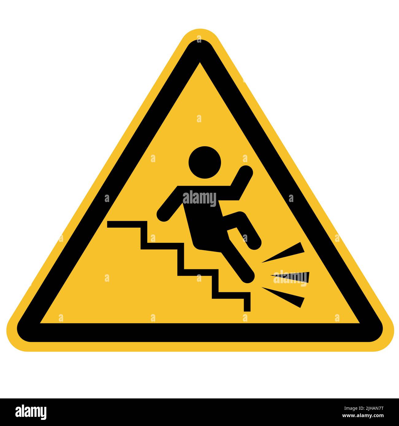 Warnung fällt von der Treppe Zeichen auf weißem Hintergrund. Rutschige Treppe Warnschild. Flacher Stil. Stockfoto
