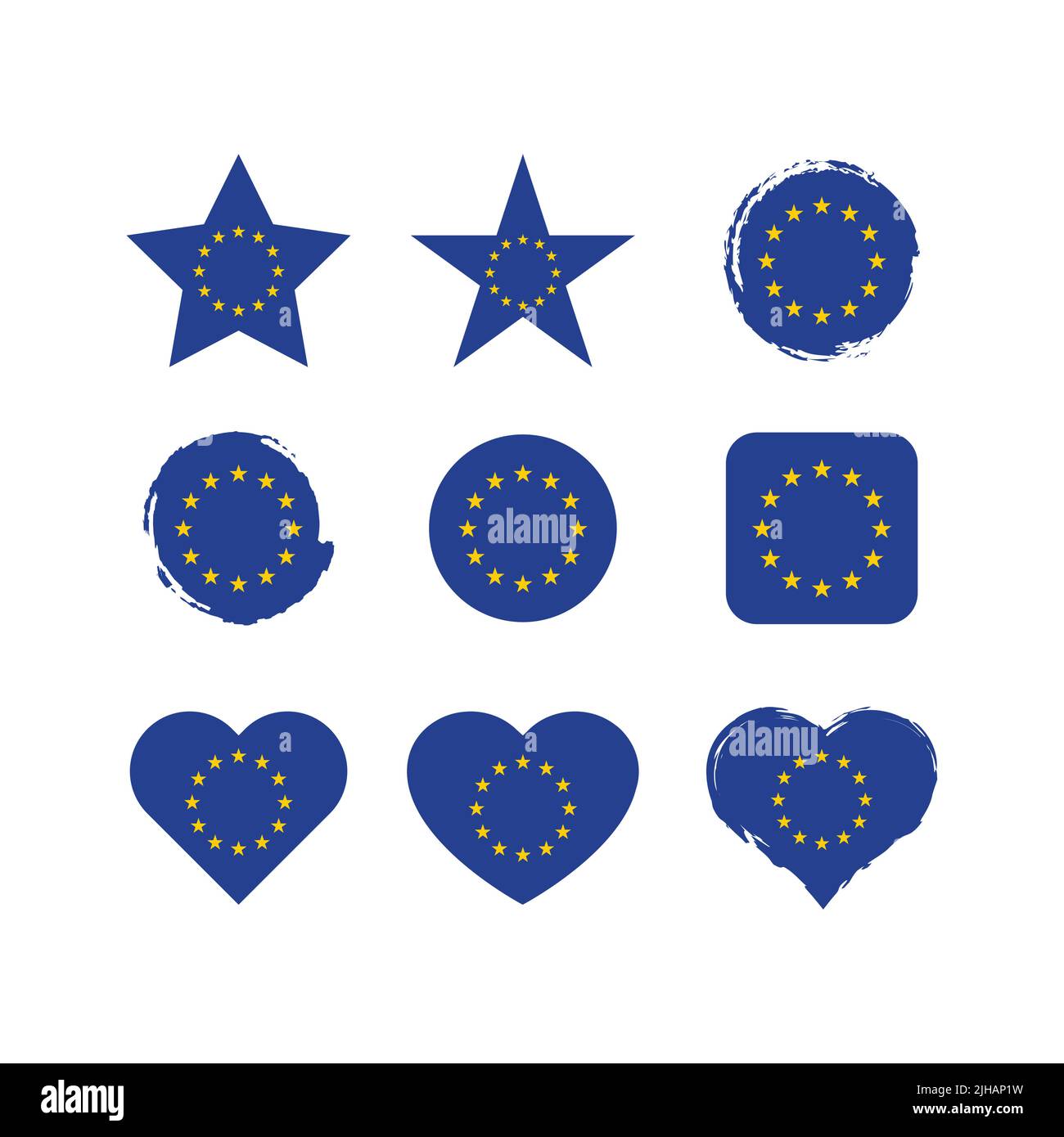 EU-Vektorkreis und Herzflagge gesetzt. Europäische Union trocken Pinsel und Grunge-Effekt Stempel Flaggen. Stock Vektor