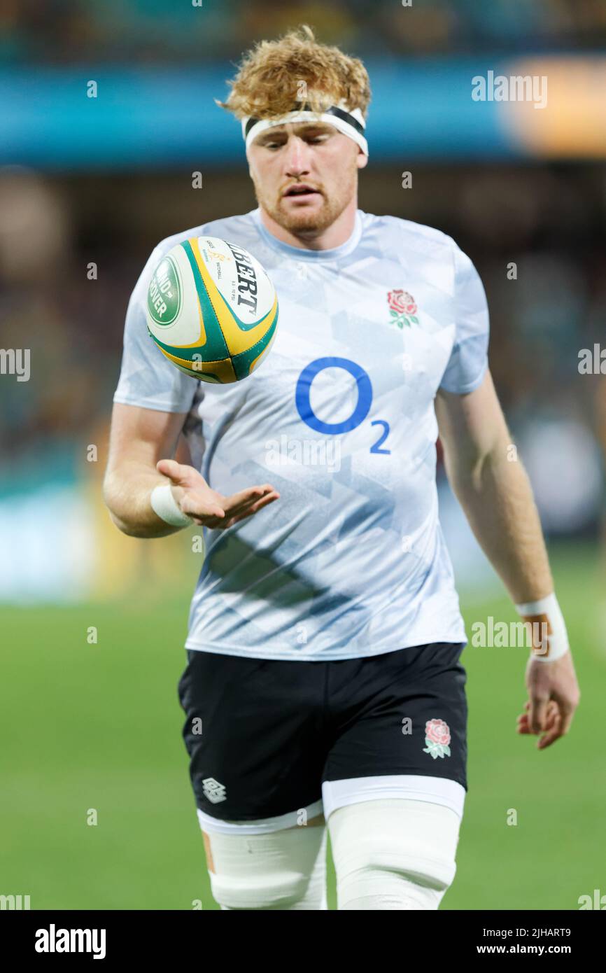 SYDNEY, AUSTRALIEN - 16. JULI: Ollie Cechssum aus England erwärmt sich vor Spiel drei der Internationalen Test Match-Serie zwischen den australischen Wallabies und England beim SCG am 16. Juli 2022 in Sydney, Australien Credit: IOIO IMAGES/Alamy Live News Stockfoto