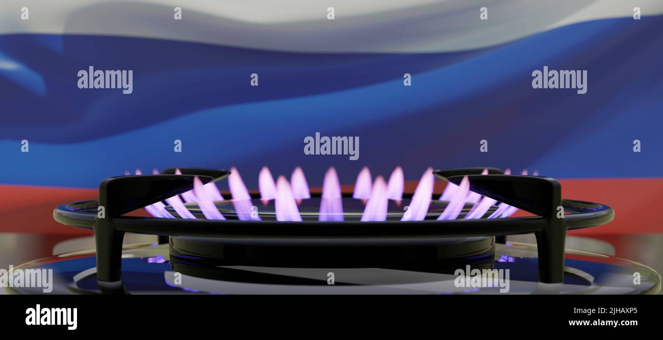 Erdgasversorgung in Russland, Kochkostenkonzept. Brennendes Gas, Kochherd Brenner auf russischem Flaggen Hintergrund. 3D Rendern Stockfoto
