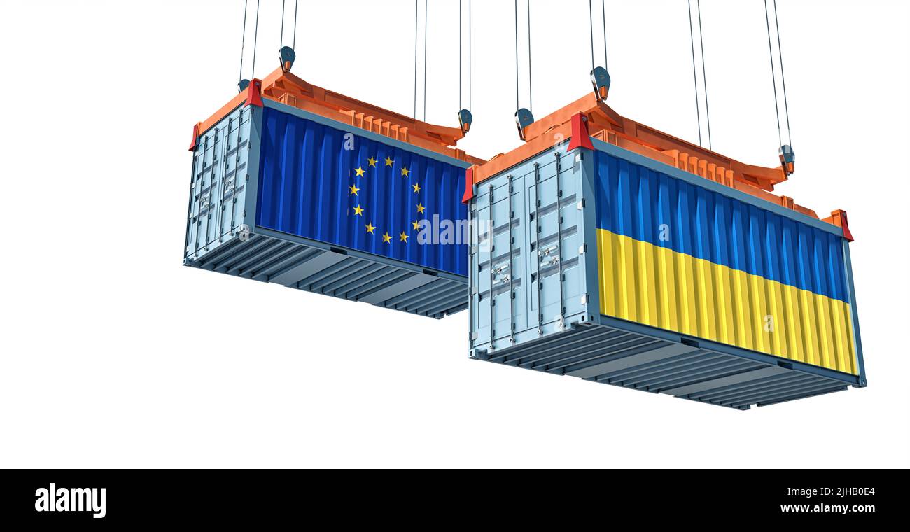 Frachtcontainer mit Flagge der Ukraine und der Europäischen Union. 3D Rendering Stockfoto