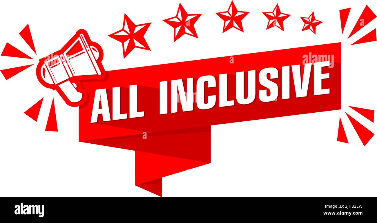Rotes Banner All Inclusive mit Megaphon und Sternen. Vektor auf transparentem Hintergrund Stock Vektor