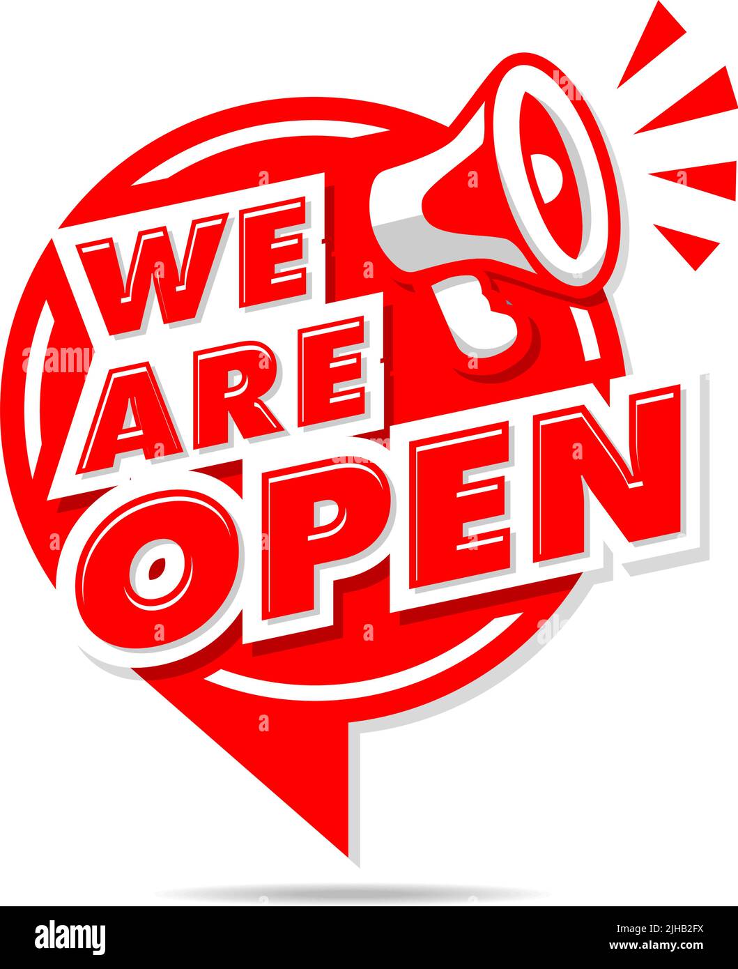 Roter Aufkleber mit Megaphon Wir sind offen für Webseite oder Fassadentür. Vektor auf transparentem Hintergrund Stock Vektor