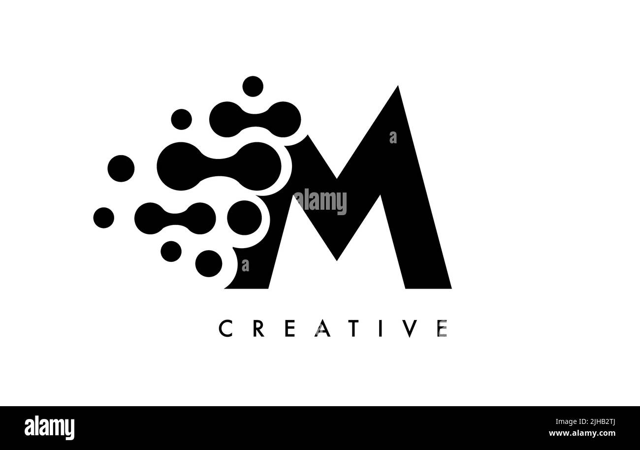 Buchstabe M Punkte Logo-Design mit Schwarz-Weiß-Farben auf schwarzem Hintergrund Vektor. Bubbles Buchstabe Logo Symbol Vektor Illustration Stock Vektor
