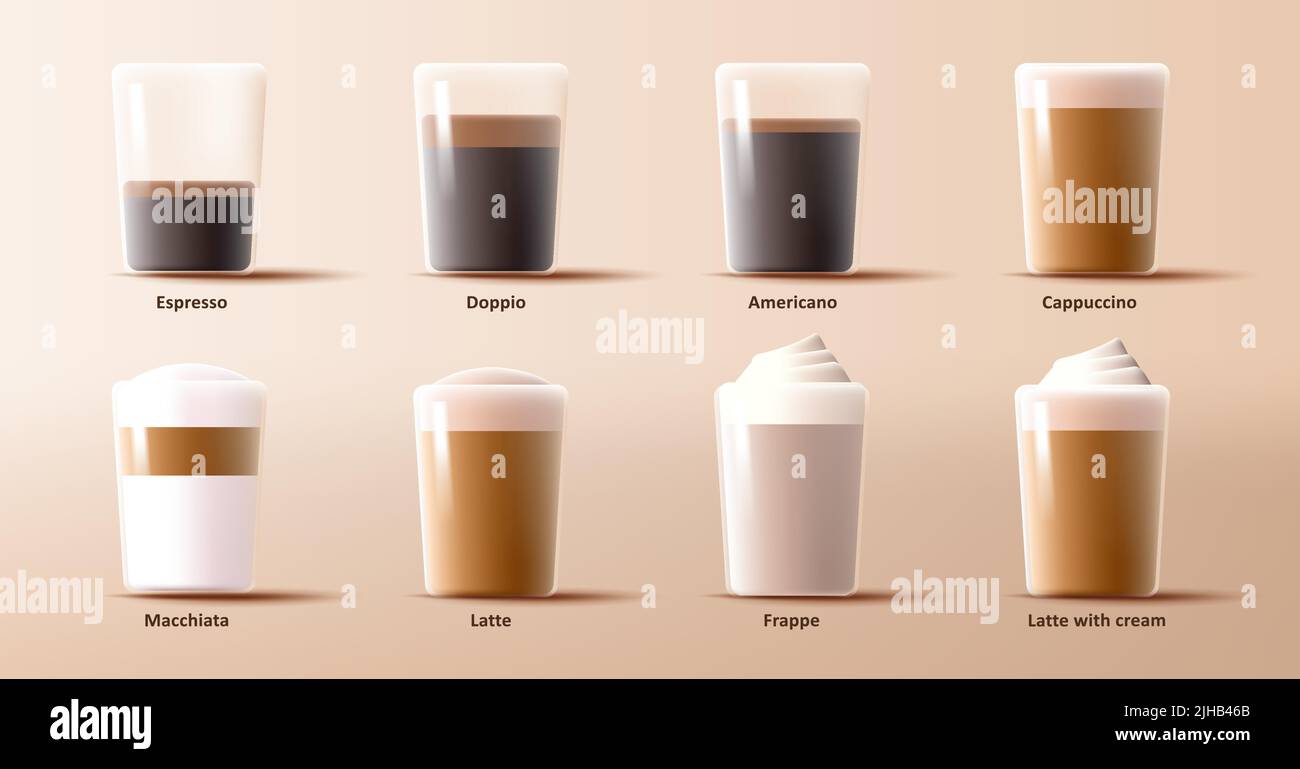 Sammlung von Kaffeesorten in Glasbecher, Cappuccino, Espresso und Latte, 3D Render Grafik Stock Vektor