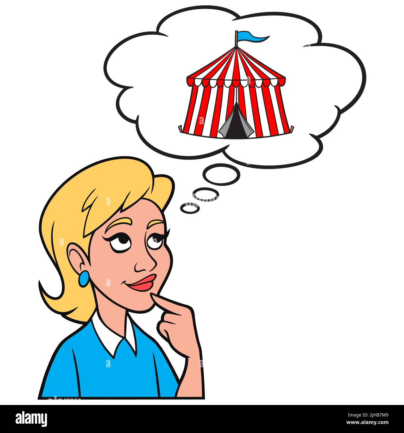 Girl Thinking about a Circus Tent - Eine Cartoon-Illustration eines Mädchens, das darüber nachdenkt, dem Circus beizutreten. Stock Vektor