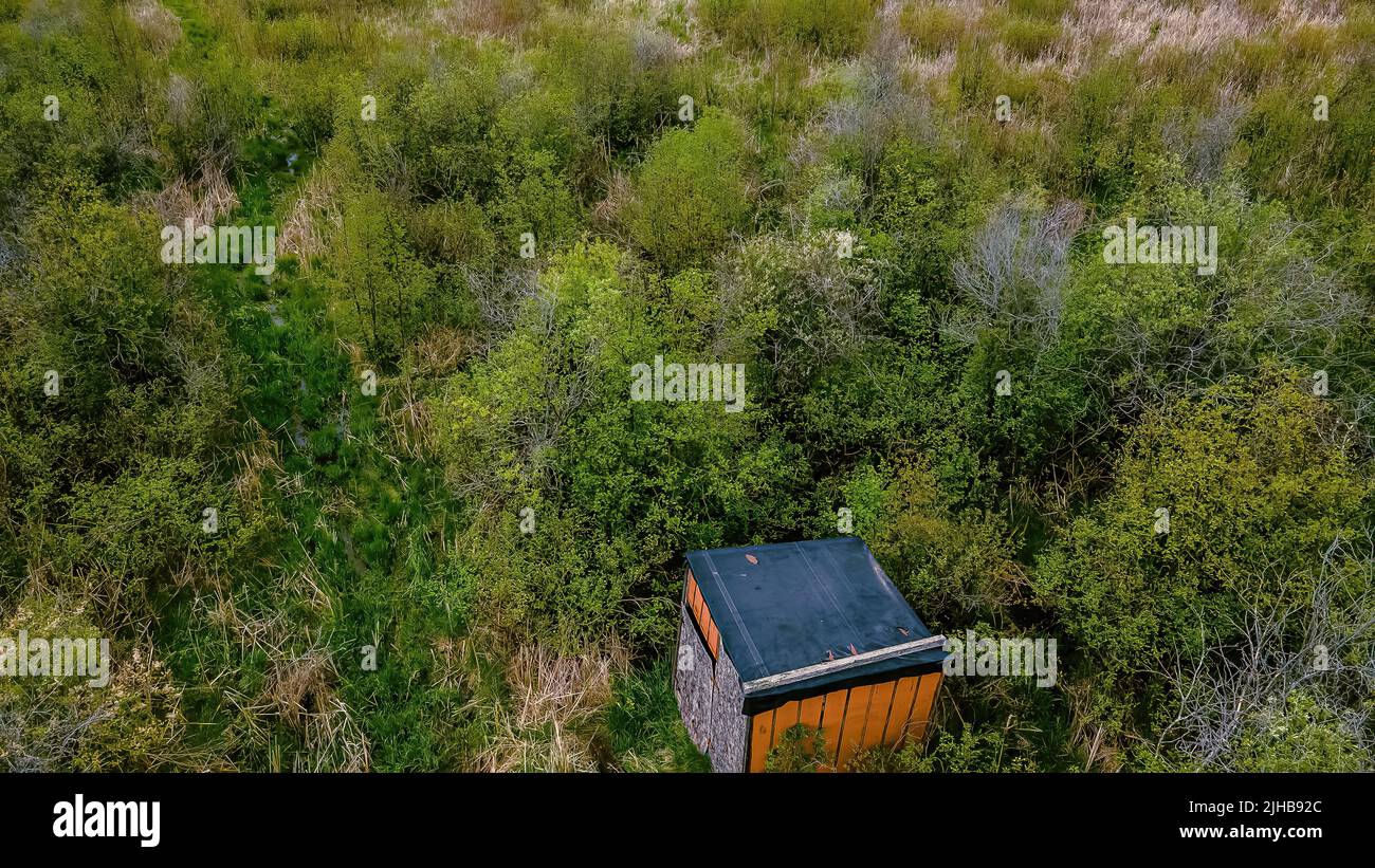 In einer natürlichen Wiese gefunden - eine verlassene Jagdhütte liegt verrottet mit einem alten, grasbewachsenen Pfad daneben. Stockfoto