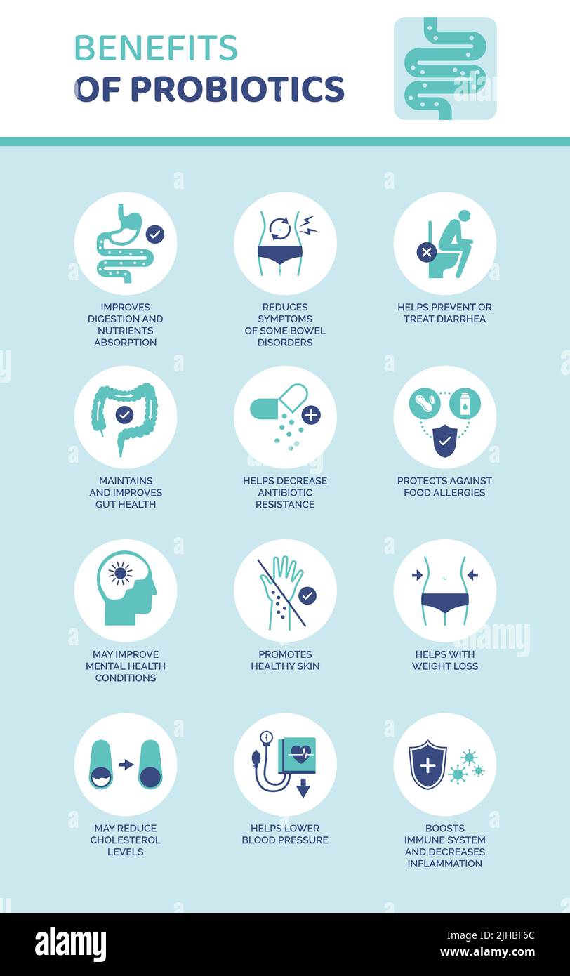 Vorteile von Probiotika medizinische Infografik mit Icons Set: Gesundheit und Wohlbefinden des Verdauungssystems Stock Vektor