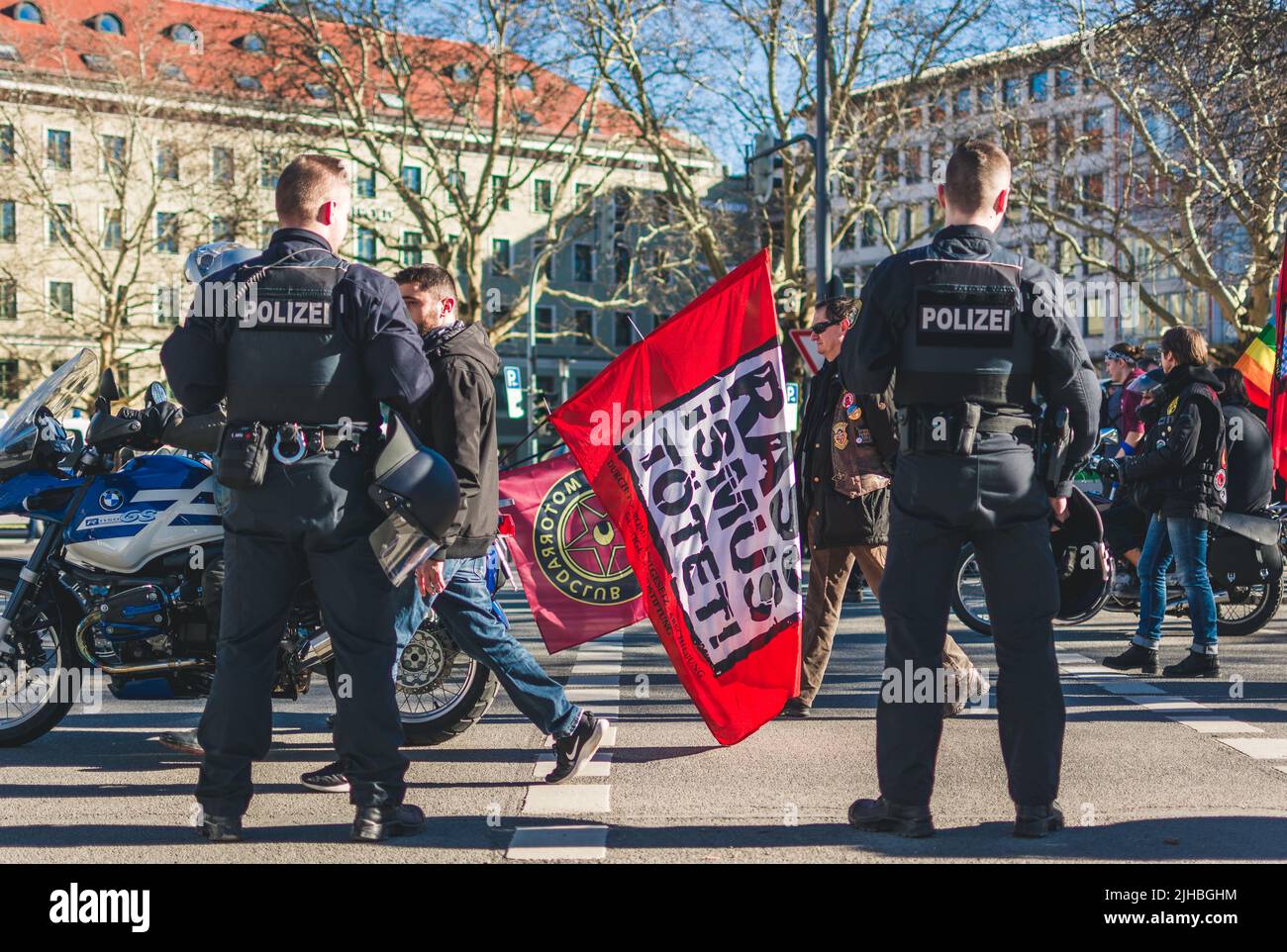 München, Deutschland - 16. Februar 2019: Demonstranten auf der Münchner Sicherheitskonferenz während ihrer Jahrestagung. Stockfoto
