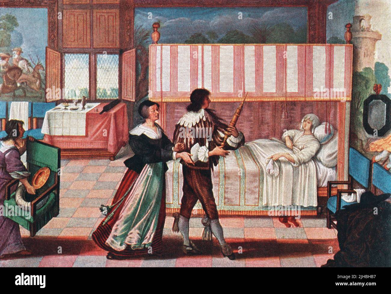 Der Apotheker bereitet sich darauf vor, einem kranken Patienten nach einer Arbeit von Abraham Bosse aus dem 17.. Jahrhundert einen Einlauf zu verabreichen. Aus Modes and Manners, veröffentlicht 1935. Stockfoto