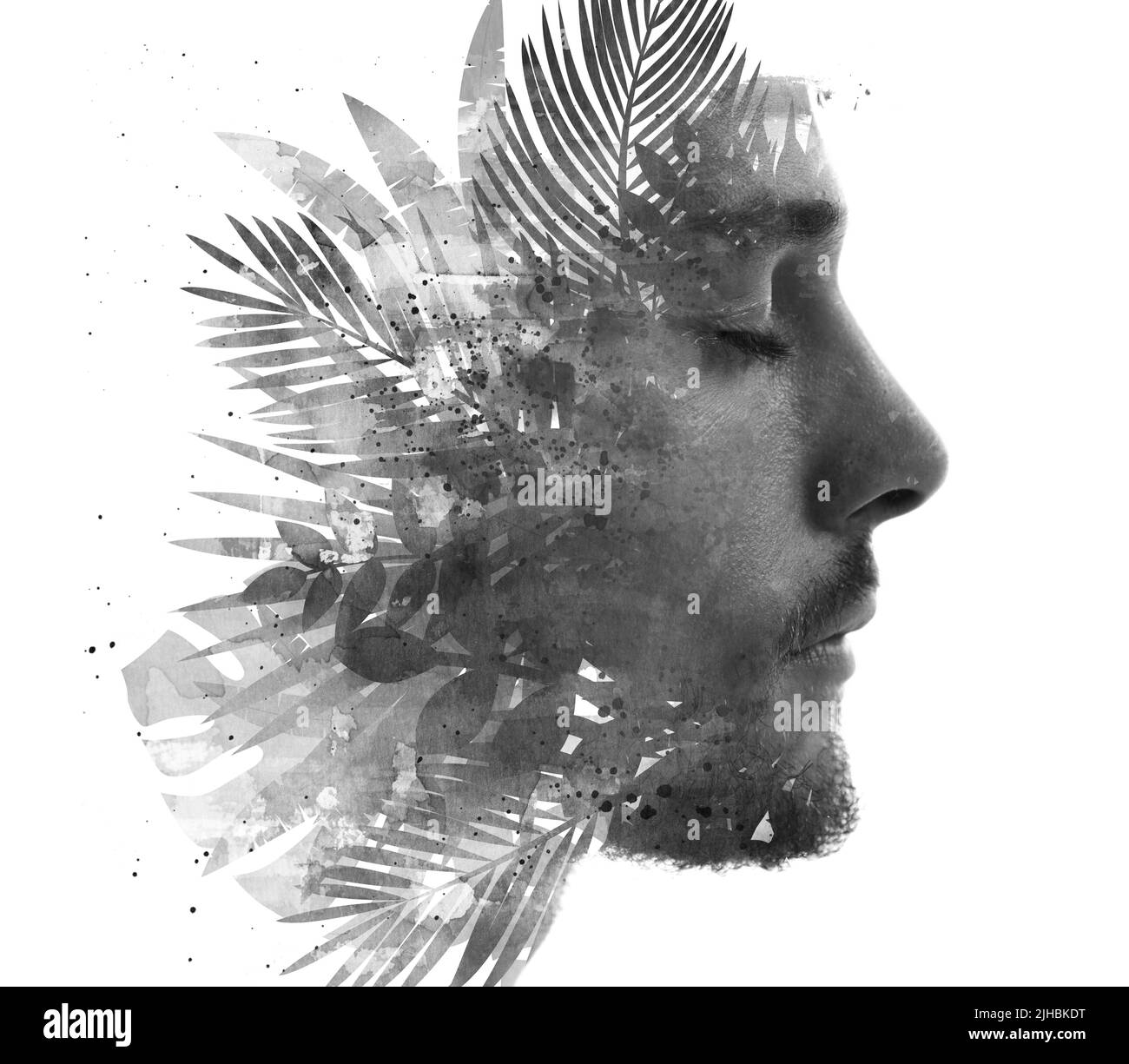 Paintographie. Tropische Pflanzen und ein Porträt eines jungen Mannes Stockfoto