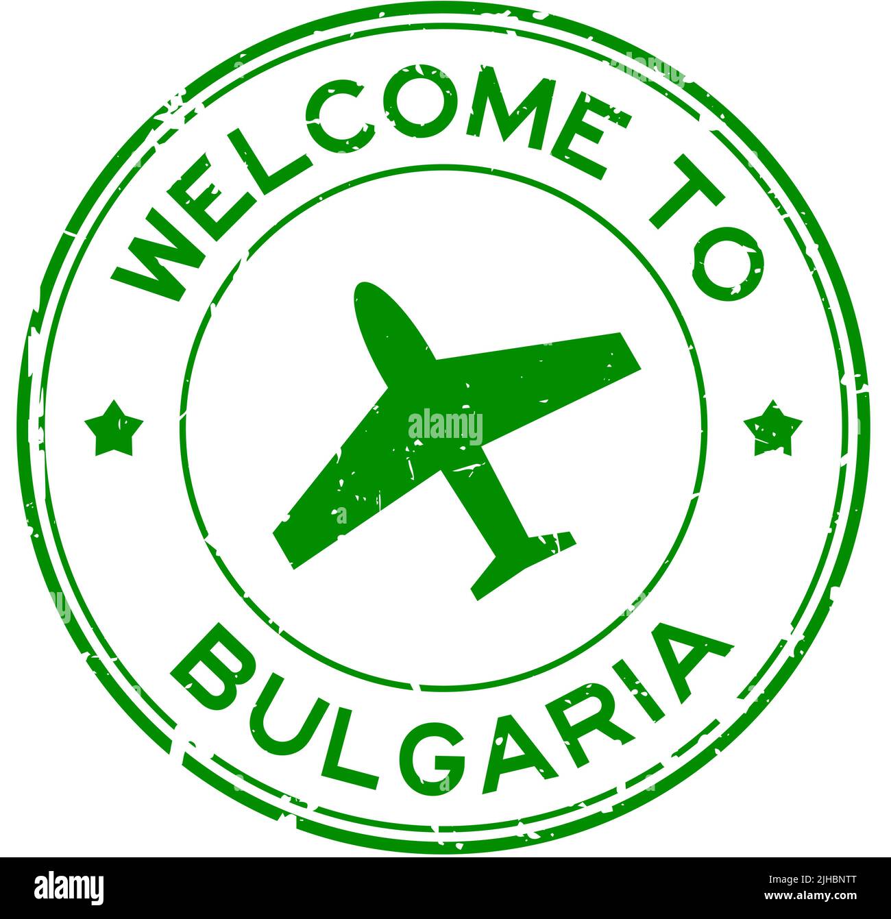 Grunge grün Willkommen in Bulgarien Wort mit Flugzeug-Symbol rund Gummi-Siegel-Stempel auf weißem Hintergrund Stock Vektor