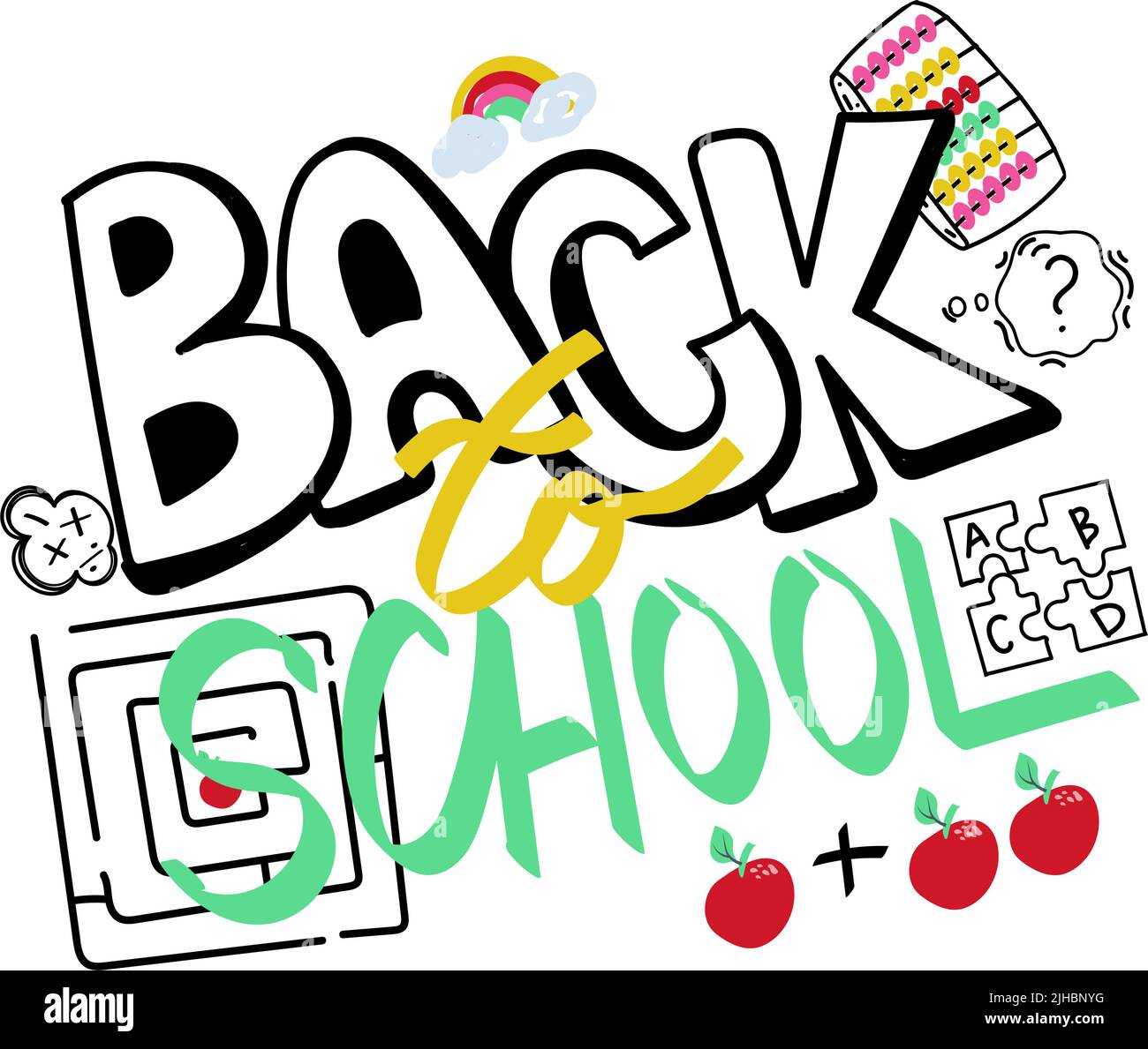 Zurück zur Kollektion für Schulbedarf. Ein Satz von Kritzeleien für ein Skizzenbuch mit Schriftzug. Zählungen, Irrgärten, arithmetische Symbole. Elemente der Vektordarstellung Stock Vektor