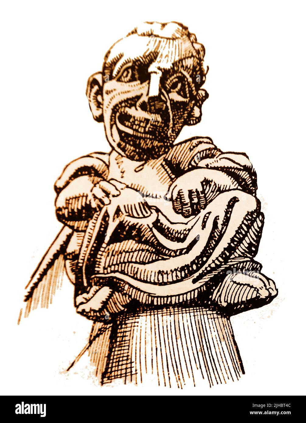 LINCOLN, LINCOLNSHIRE, ENGLAND - Eine Skizze der 30er Jahre einer grotesken Chimäre-Figur in mittelalterlicher Kleidung (Toga) auf der Lincoln Cathedral, England. Stockfoto