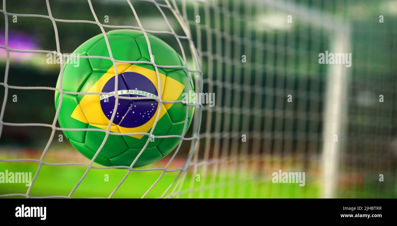 Fußball mit Flagge Brasiliens im Tornetz des Fußballstadions. Fußball-Meisterschaft von Brasilien Konzept. 3D Abbildung Stockfoto