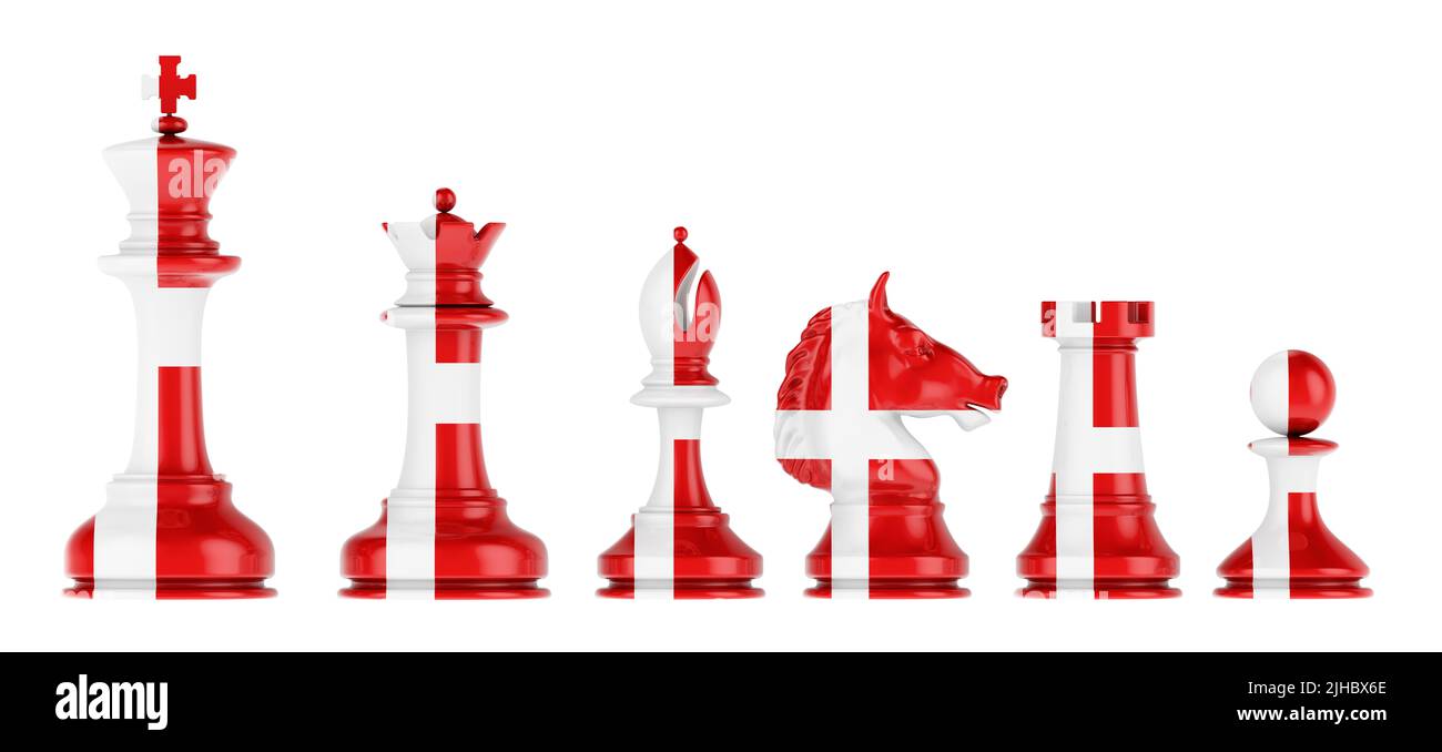 Schachfiguren mit dänischer Flagge, 3D Rendering isoliert auf weißem Hintergrund Stockfoto