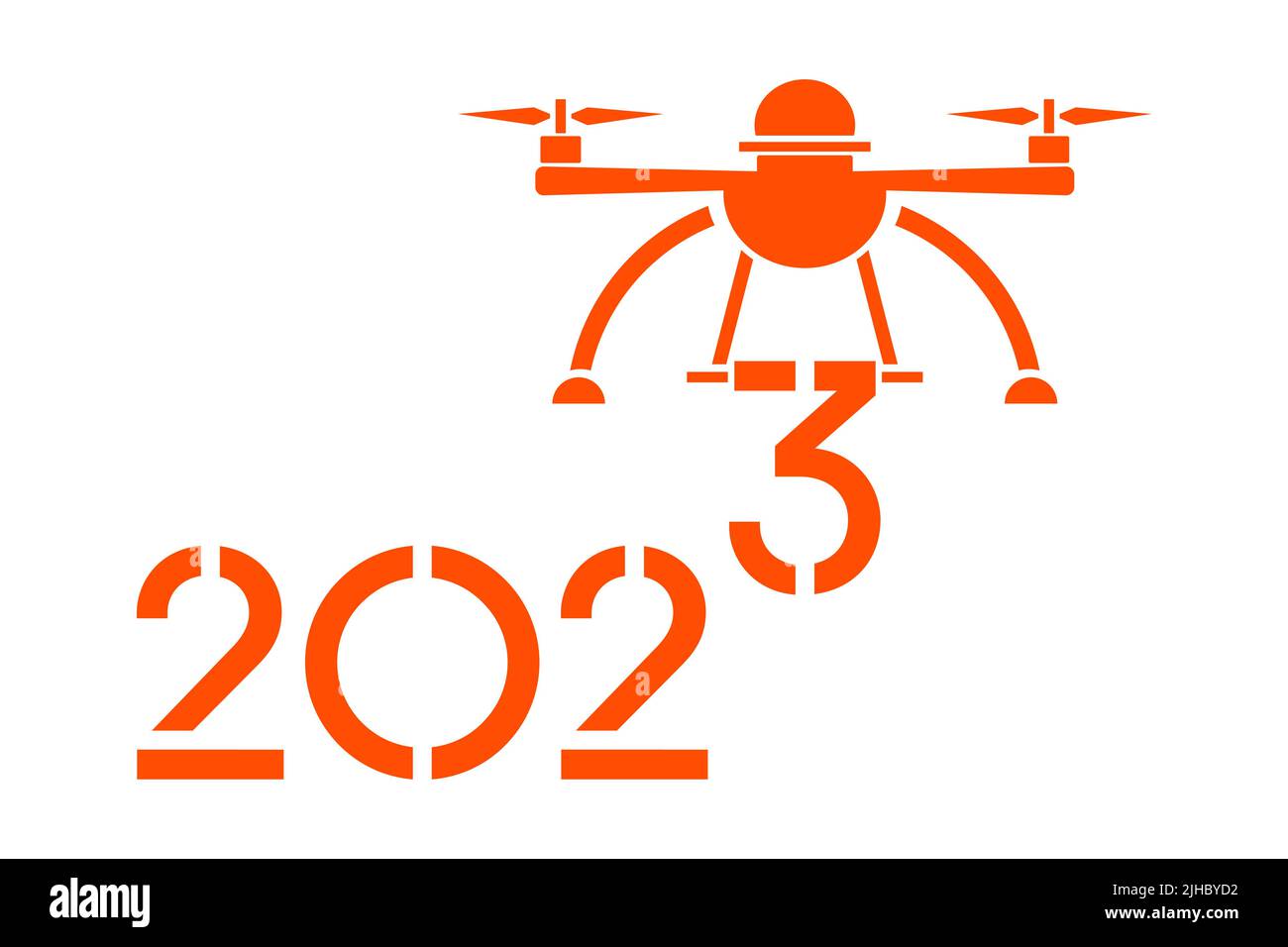 Frohes neues Jahr 2023 Vektor-Illustration. Luftdrohne trägt Zahlen für 2023. Festlicher Hintergrund. Remote-Gerät. Quadcopter Stock Vektor