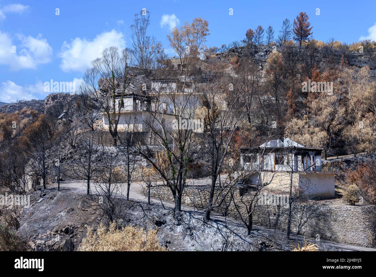 Feuer beschädigte Häuser, verursacht durch einen wilden Brand auf einem Hügel in Koroni, Messinia, an der Südspitze des Peloponnes, Griechenland. Stockfoto