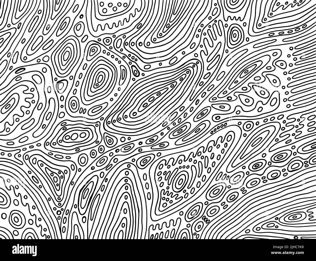 Kunstvolle Tribal-Ornamente mit Wellen und Linien. Zendoodle schwarz und weiß fantastische Malvorlagen für Erwachsene. Abstraktes, aufwändiges Muster. Psychedelischer Kunst Stock Vektor