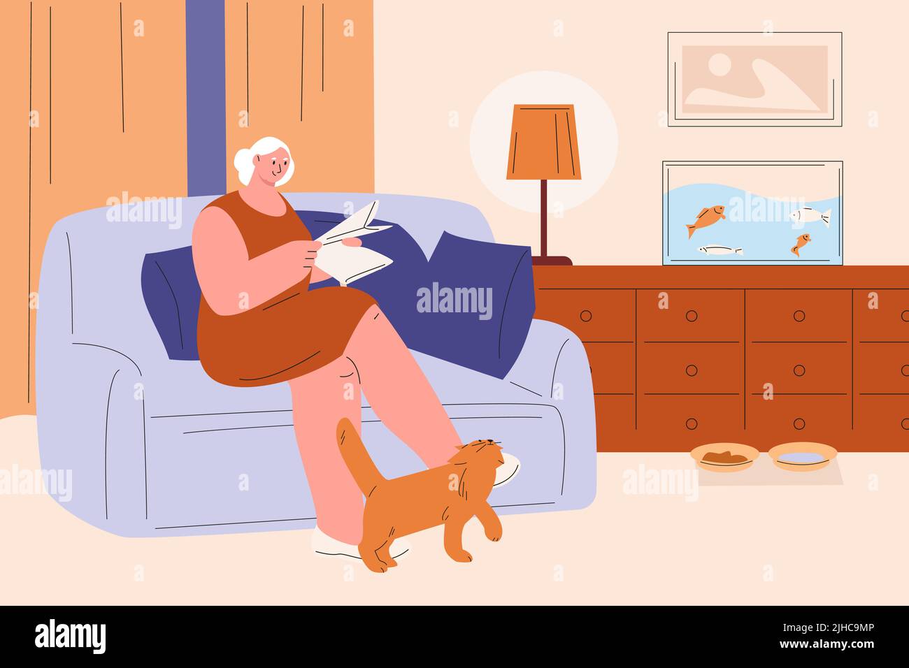 Frau liest im Wohnzimmer. Großmutter, die auf dem Sofa sitzt, liest Zeitung und die große rote Katze reibt sich an die Beine. Gemütlicher Abend zu Hause Vektor-Illustration Stock Vektor