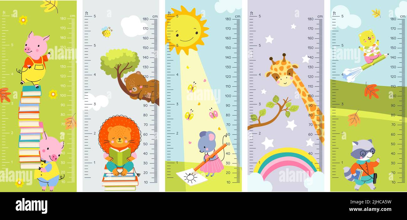 Höhendiagramm Wand Kinder Meter Lineale. Baby Zimmer Cartoon Sticker Sammlung. Kinder Höhenmessungen mit Giraffe, Regenbogen. Kindergarten jetzt Stock Vektor