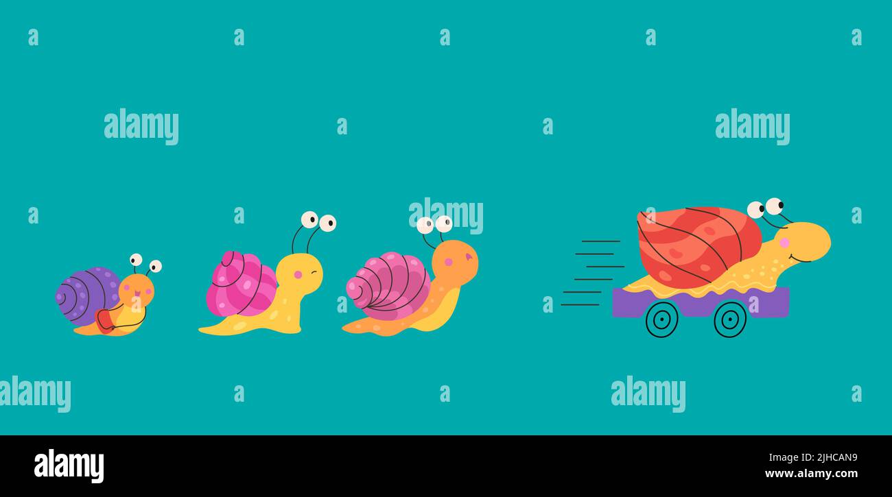 Schnelle Geschäftsschnecke. Einzigartiger Vorteil, Geschwindigkeit Kreativität Cartoon Tiere. Turbo-Beschleunigung oder Konkurrenz Metapher. Effizienzmanagement jetzt Stock Vektor