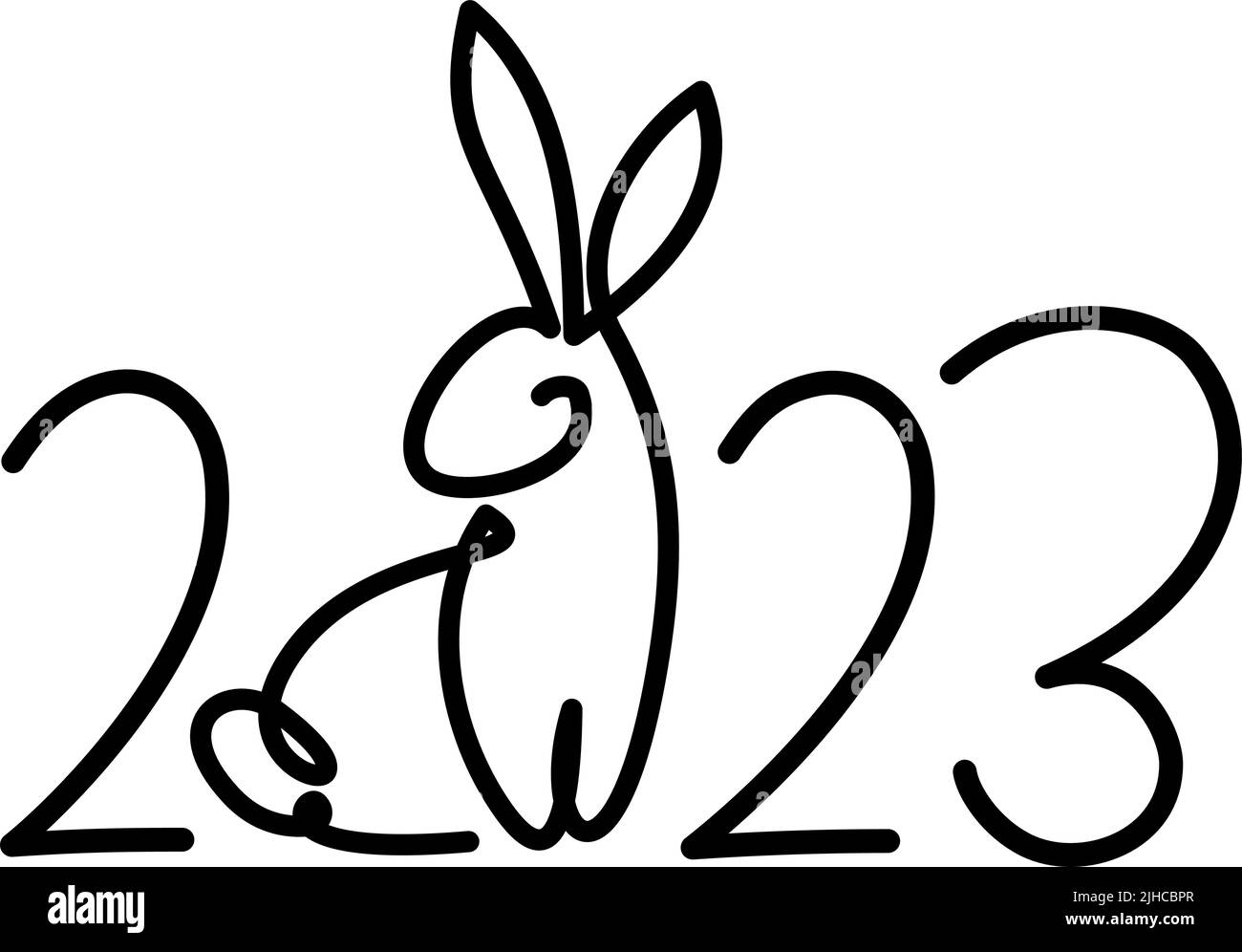 Bunny Symbol des Jahres 2023. Fortlaufende einzeilige Zeichnung. Flauschige Kaninchen Silhouette einfachen linearen Stil für Design Grußkarte Neujahr und Web-Banner. Stock Vektor