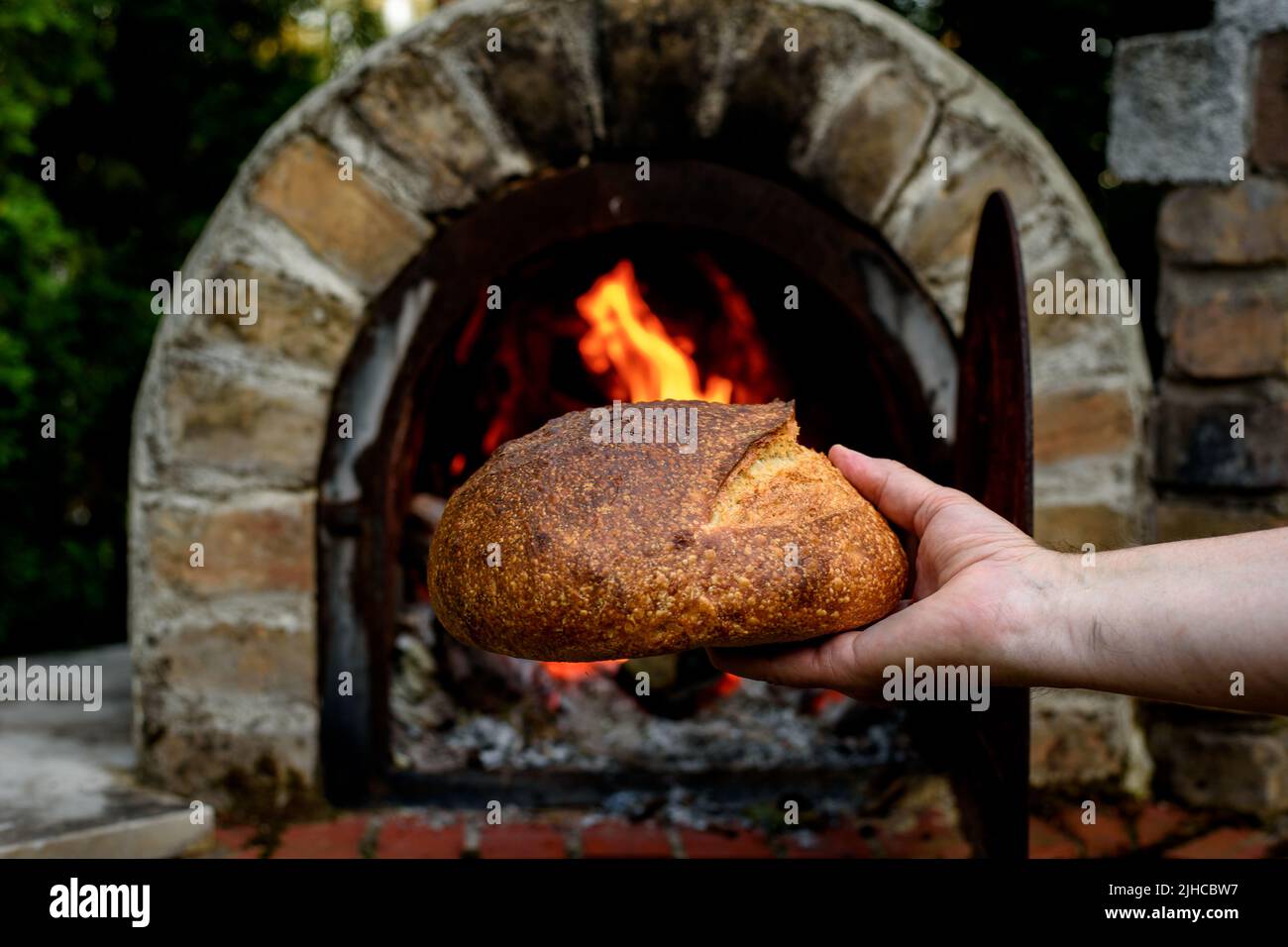 Nahaufnahme von frisch gebackenem Sauerteig-Brot. Der Mensch hält Weizen- und Roggenbart. Er ist im Garten. Stockfoto