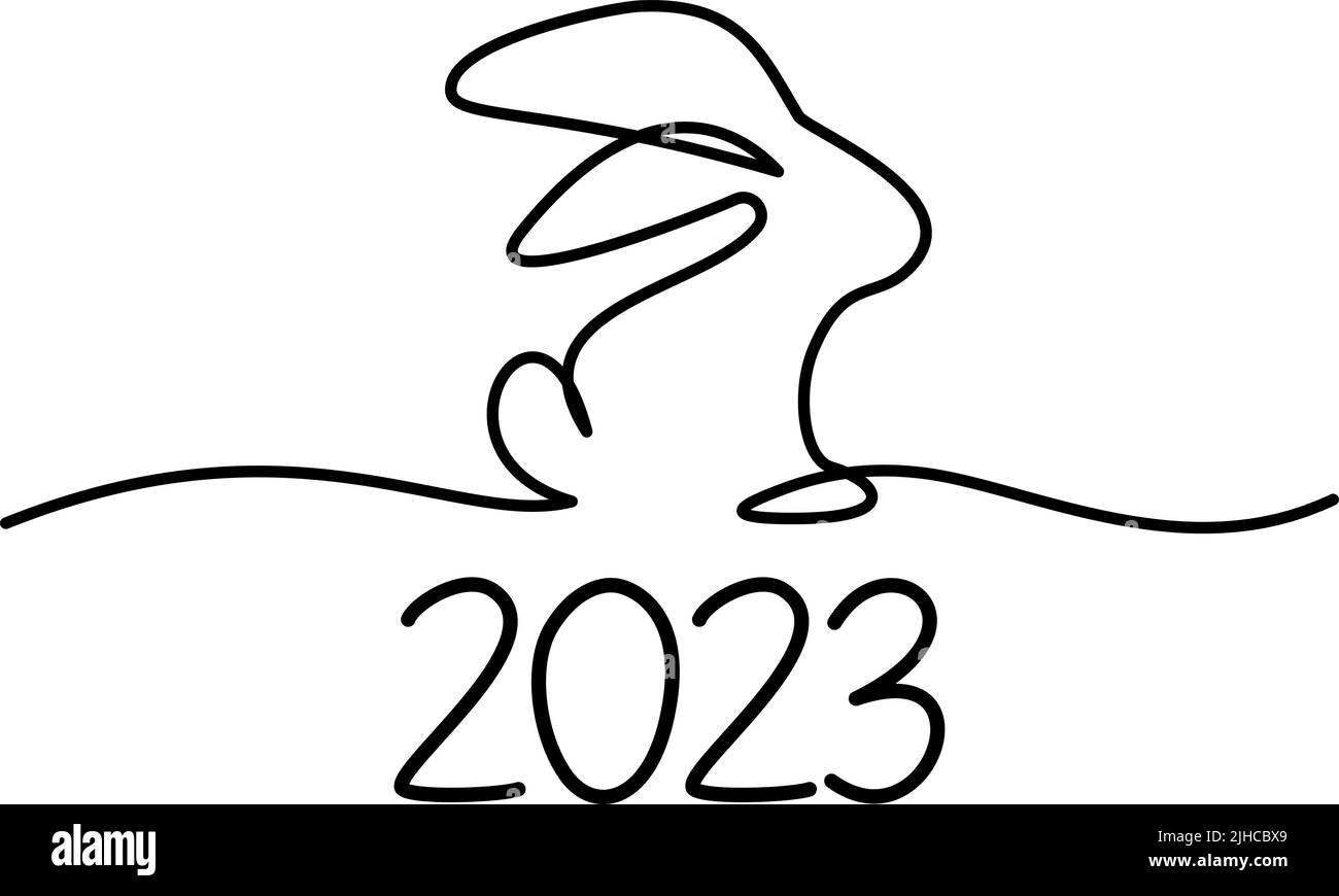 Bunny Symbol des Jahres 2023. Fortlaufende einzeilige Zeichnung. Flauschige Kaninchen Silhouette einfachen linearen Stil für Design Grußkarte Neujahr und Web-Banner. Stock Vektor