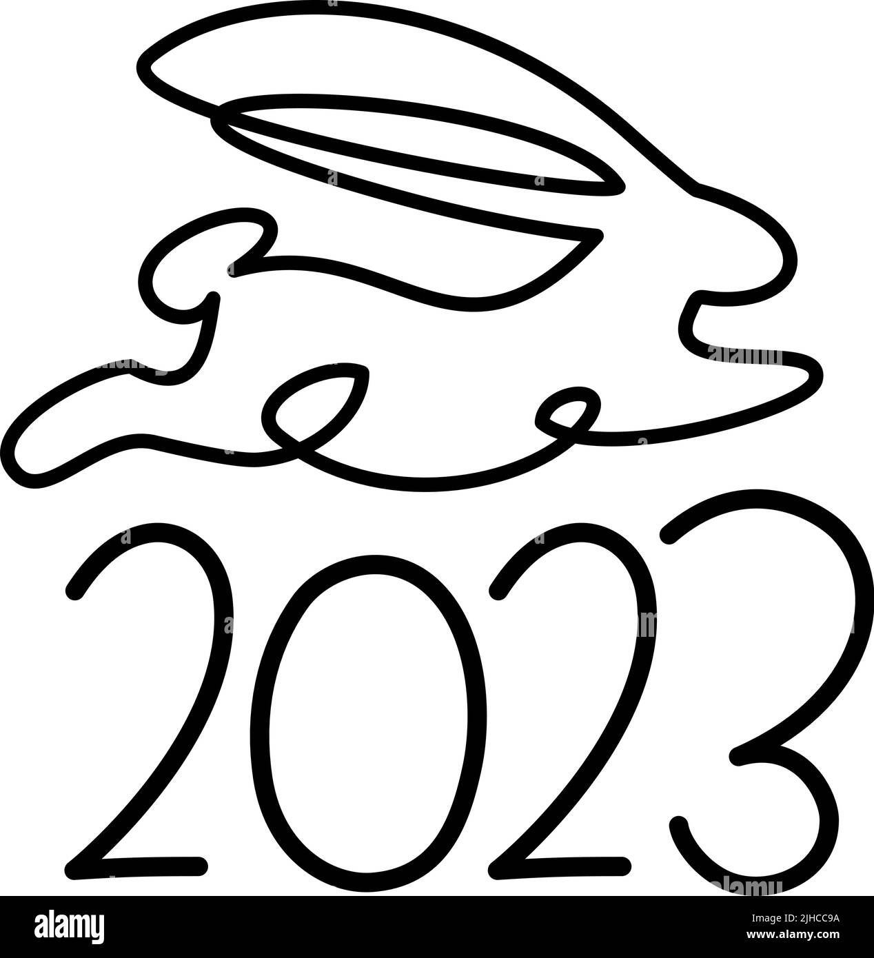 Bunny Symbol des Jahres 2023. Fortlaufende einzeilige Zeichnung. Flauschige Kaninchen Silhouette einfachen linearen Stil für Design Grußkarte Neujahr und Web-Banner. Stock Vektor