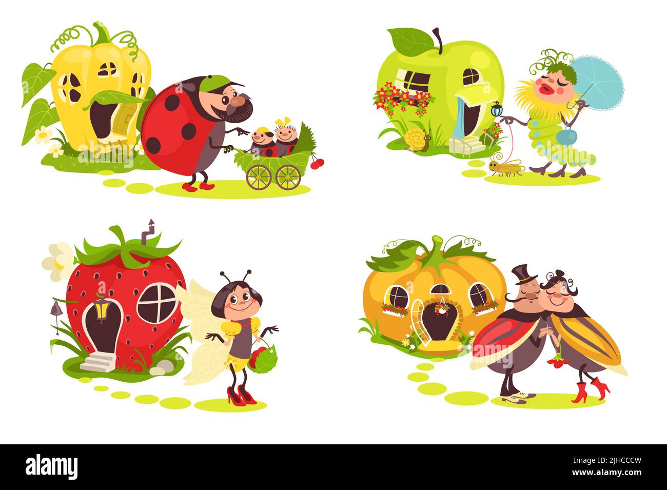 Magische Häuser und glückliche Feen. Fabelhafte Kreaturen mit Wohnungen. Cartoon Insekten Figuren. Familien mit Schmetterlingen oder Käfer. Imaginärer Marienkäfer Stock Vektor