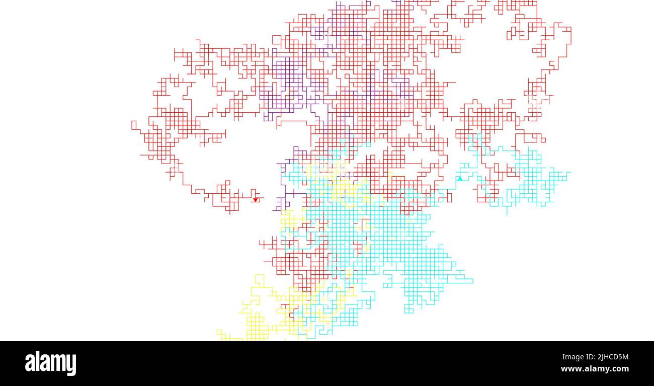 Eine farbenfrohe Drachenkurve, die durch Graphically Intelligent Image Generator mit weißem Hintergrund erstellt wurde Stockfoto