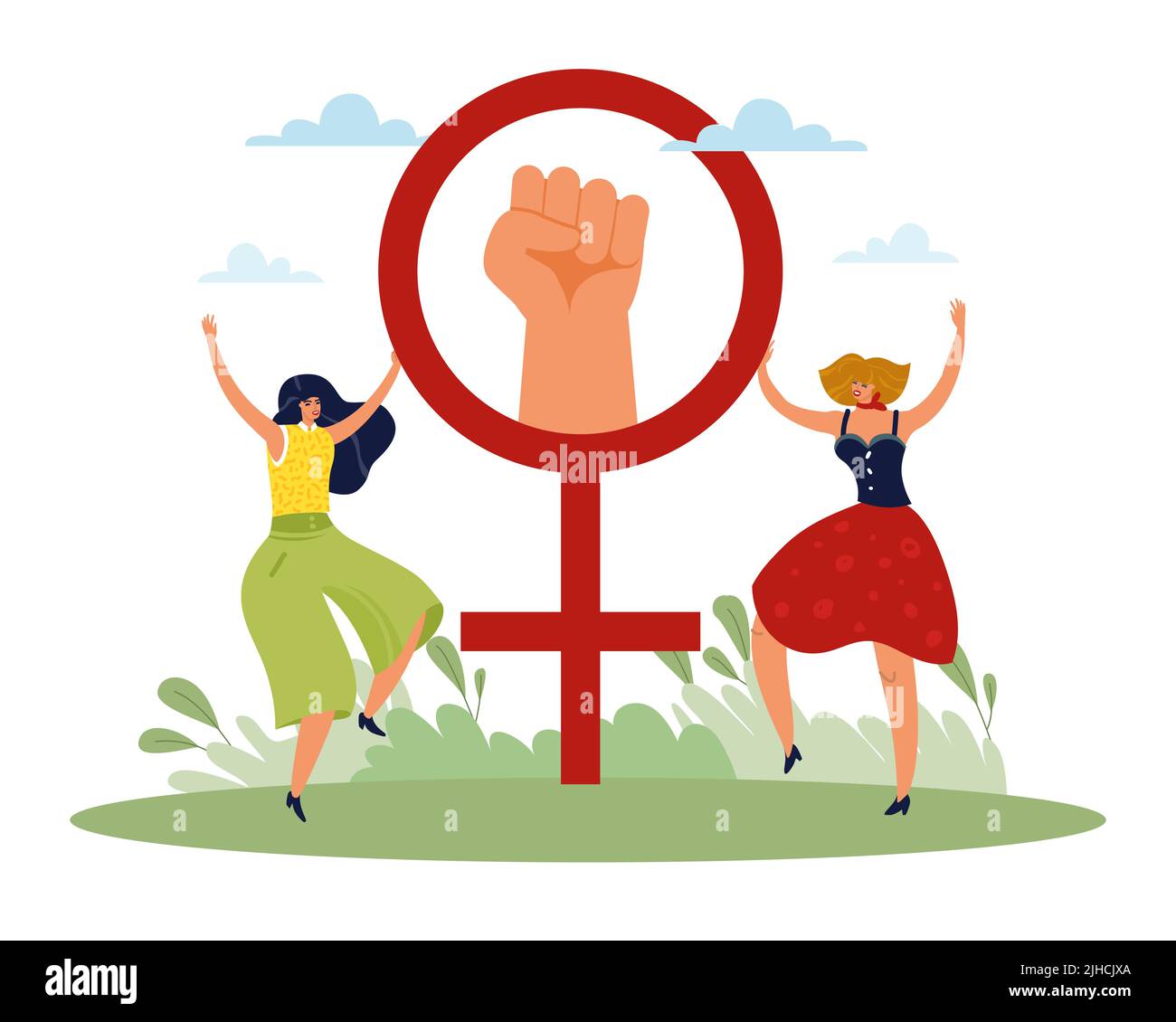 Kampf um Gleichheit. Frauenrechtsplakat, Freiheit und Unabhängigkeit, Faust aus Protest erhoben, weibliches Symbol. Einheit und Solidarität der Menschen. Vektor Stock Vektor
