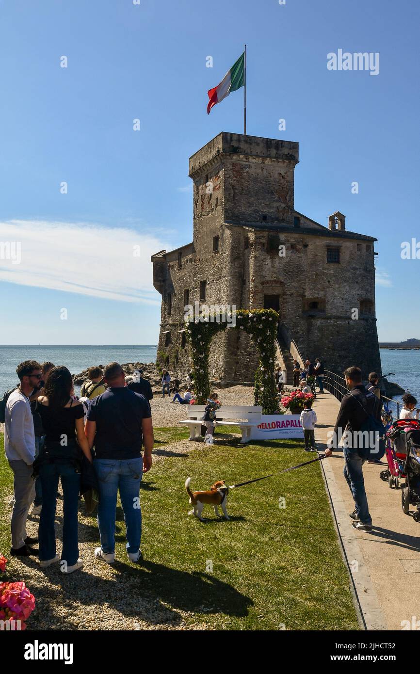 Das Schloss von Rapallo, an der Küste gebaut, um die Stadt vor den Sarazenen Piraten zu verteidigen, während der Osterfeiertage, Genua, Ligurien, Italien Stockfoto
