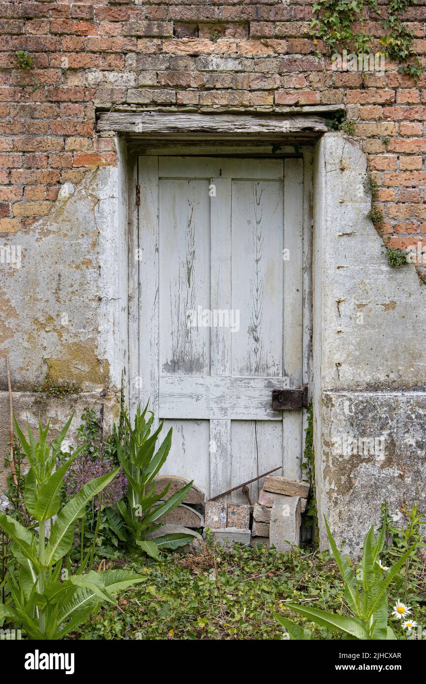Alte ummauerte Gartentür - baufällige geschlossene Holztür mit schäbiger weißer Farbe und zerbröckelnder umliegender Wand. Stockfoto