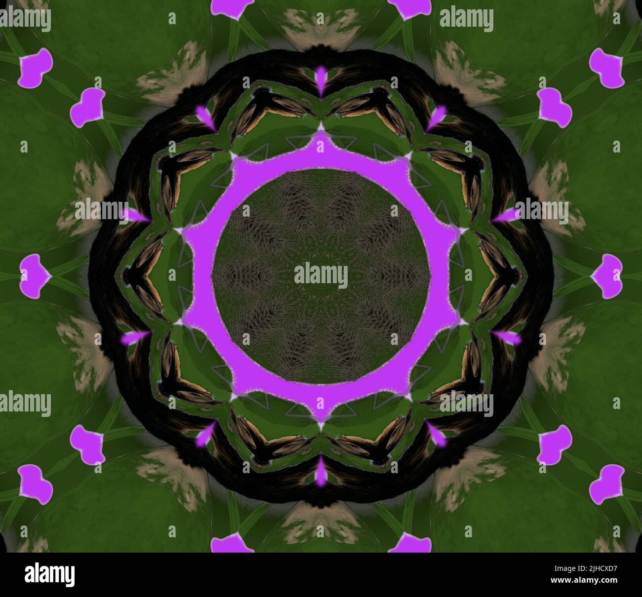Kaleidoskopisches Bild mit Glasumrandeten; kreisförmiges Muster in strukturiertem Glas; psychedelische Form. Stockfoto