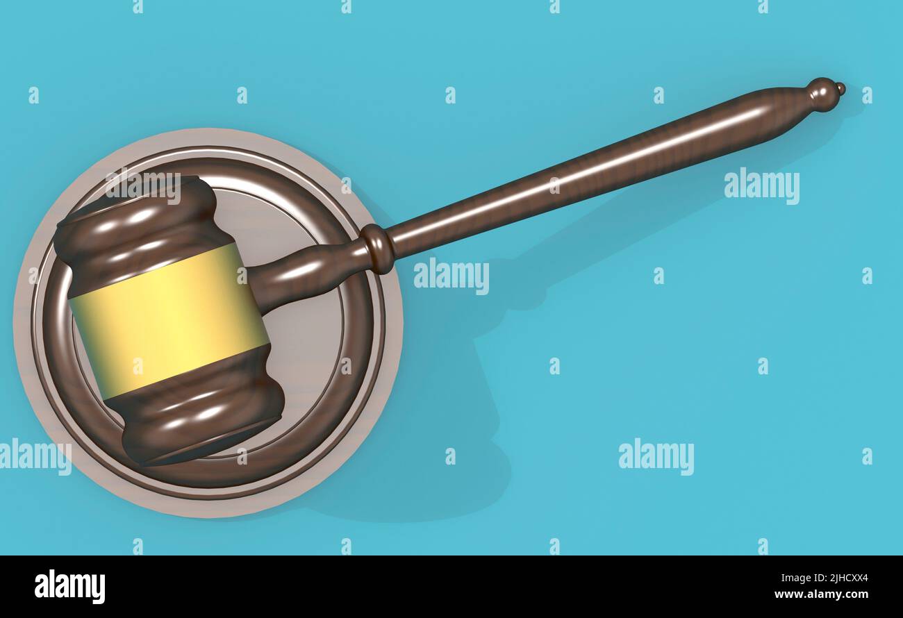 Richter-Gavel mit blauem Hintergrund, 3D Rendering Stockfoto