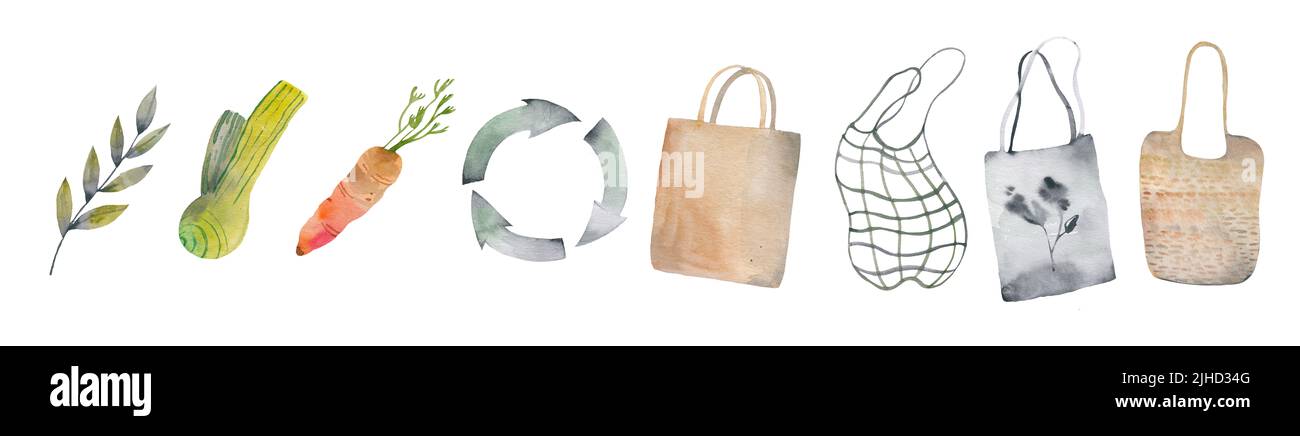 Ökologisches Konzept ohne Plastiktüten. Illustration mit Textil Öko Mehrweg-Einkaufstasche und grünen Kräutern, Blumen und Blättern Stockfoto