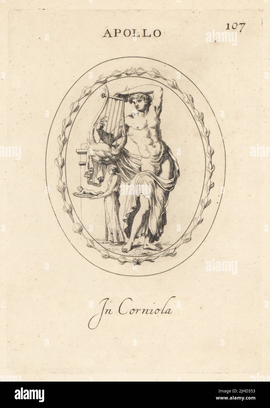 Figur von Apollo, griechischer gott der Musik und der Prophezeiung, mit Leier. Pythia, seine Priesterin in Delphi, bietet ein Baby auf einer Patera-Schale an. In Karneol. Apollo. In Corniola. Kupferstich von Giovanni Battista Galestruzzi nach Leonardo Agostini aus Gemmae et Sculpturae Antiquae Depicti ab Leonardo Augustino Senesi, Abraham Blooteling, Amsterdam, 1685. Stockfoto