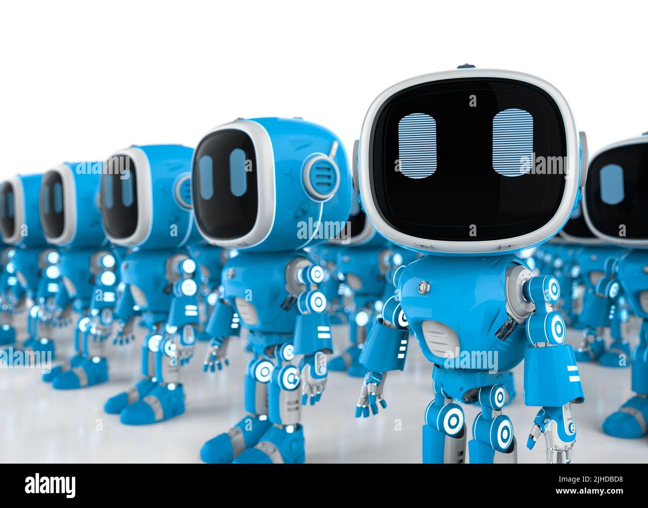 3D Rendering-Gruppe von blauen Roboterassistenten oder Robotern für künstliche Intelligenz Stockfoto