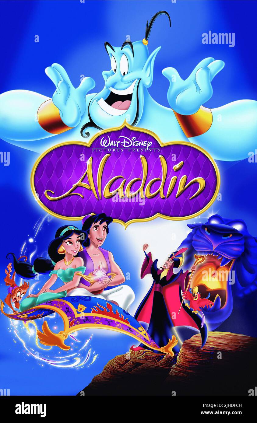 ABU, Prinzessin Jasmin, ALLADIN, der GENIE, JAFAR FILMPLAKAT, Aladdin, 1992 Stockfoto