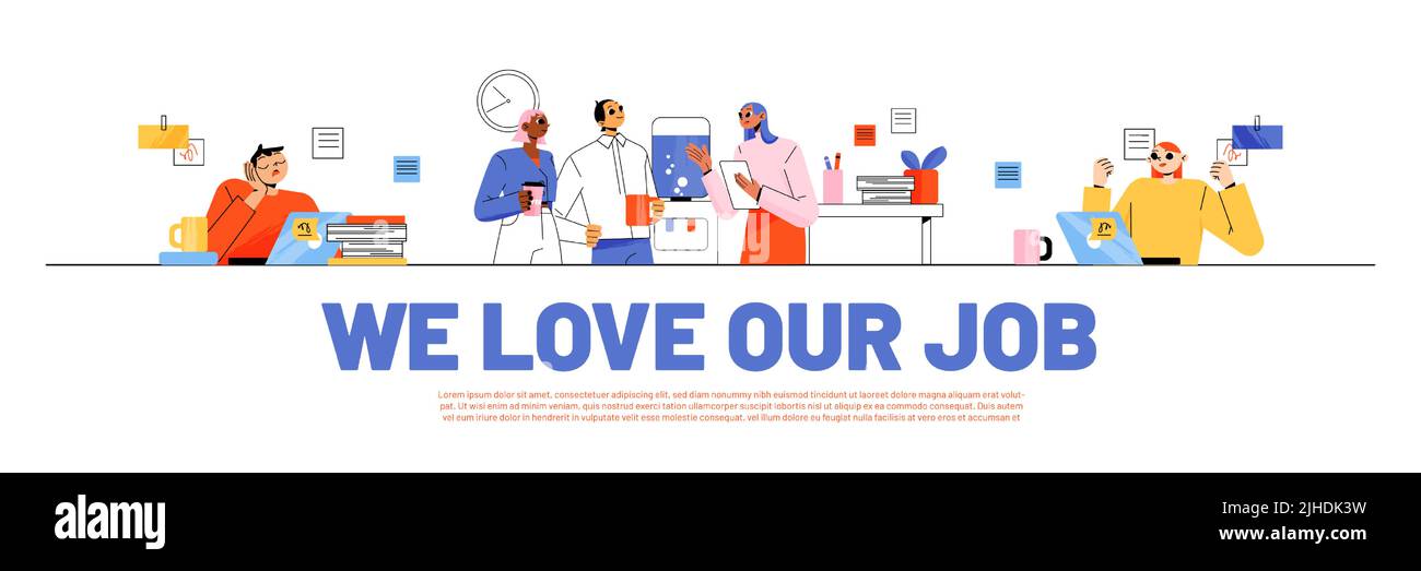 Banner für Bürojobs mit Mitarbeitern am Arbeitsplatz. Vektorposter des Unternehmensteams mit flacher Illustration der beschäftigten Arbeiterfiguren, des Schlafs und des Treffens in der Nähe des Wasserkühlers Stock Vektor